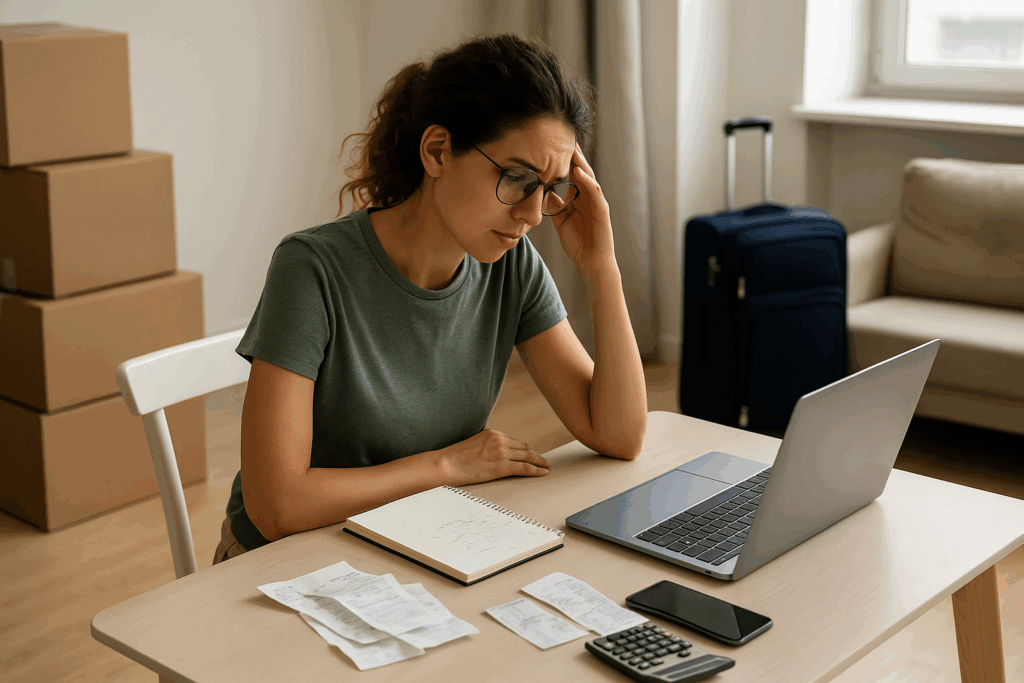 Teacher budgeting with laptop after relocation