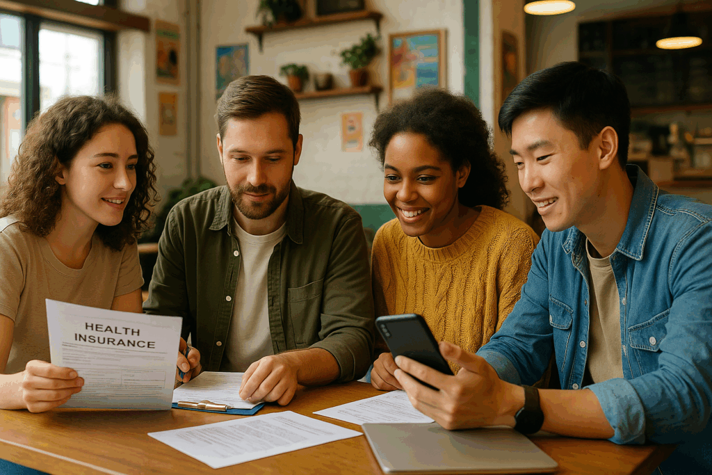 Young teachers reviewing documents at café abroad